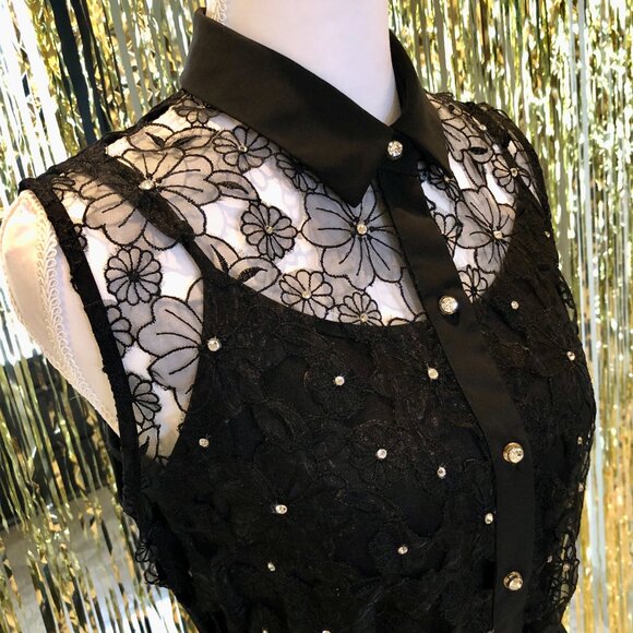Black Dress Rhinestone Embellishment Embroidered Lace Size M Forever 21 Evening - Picture 6 of 16